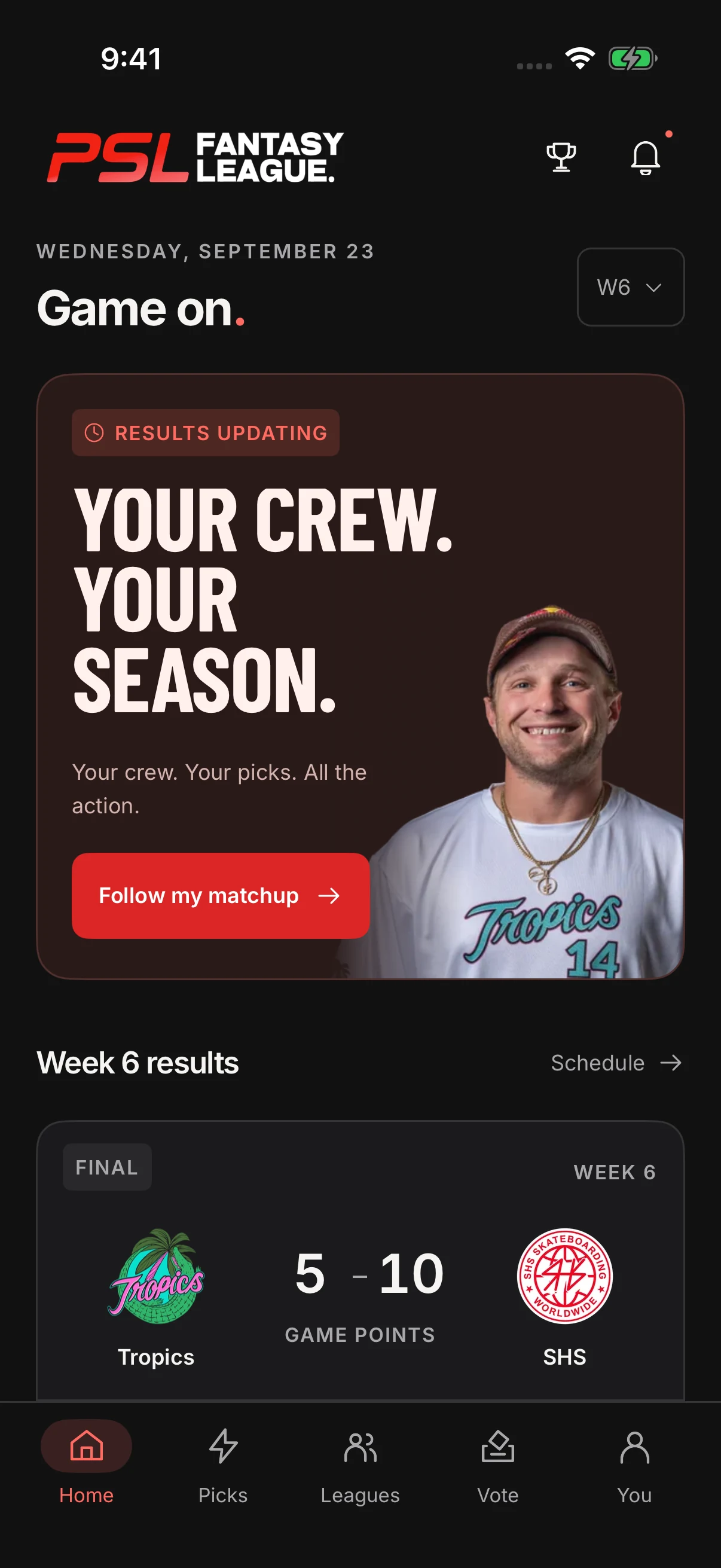 PSL Fantasy app home screen with Jamie Foy and Week 6 results